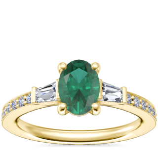Tapered Baguette Diamond Cathedral Engagement Ring with Oval Emerald in 14k Yellow Gold (7x5mm)