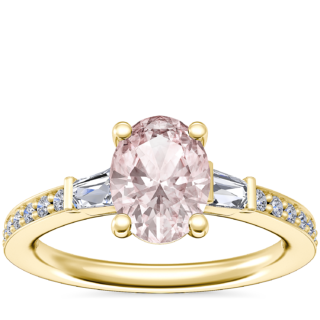 Tapered Baguette Diamond Cathedral Engagement Ring with Oval Morganite in 14k Yellow Gold (8x6mm)