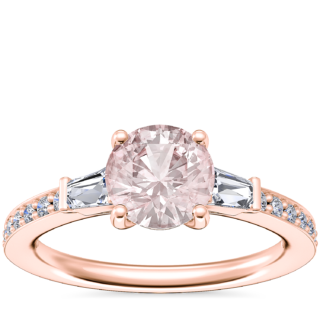 Tapered Baguette Diamond Cathedral Engagement Ring with Round Morganite in 14k Rose Gold (6.5mm)