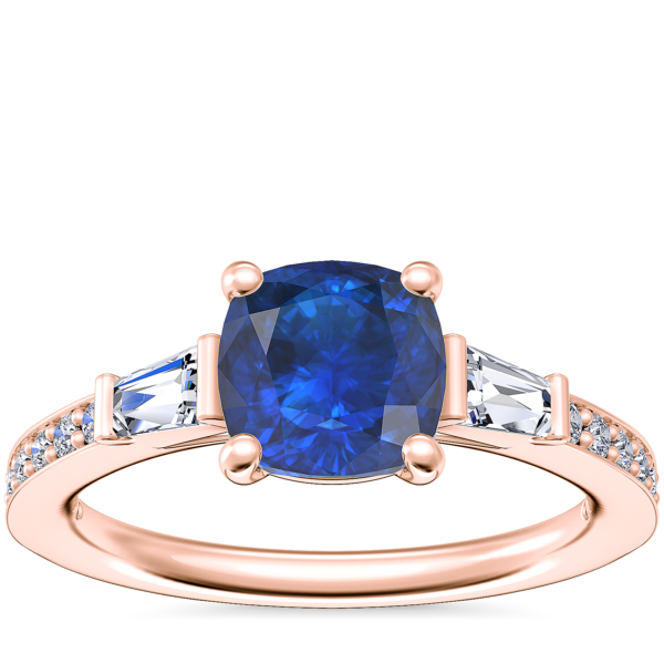 Tapered Baguette Diamond Cathedral Engagement Ring with Cushion Sapphire in 14k Rose Gold (6mm)
