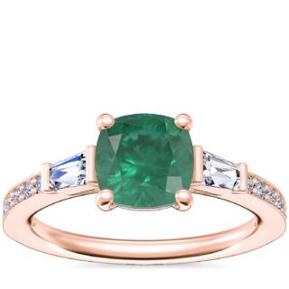 Tapered Baguette Diamond Cathedral Engagement Ring with Cushion Emerald in 14k Rose Gold (6.5mm)