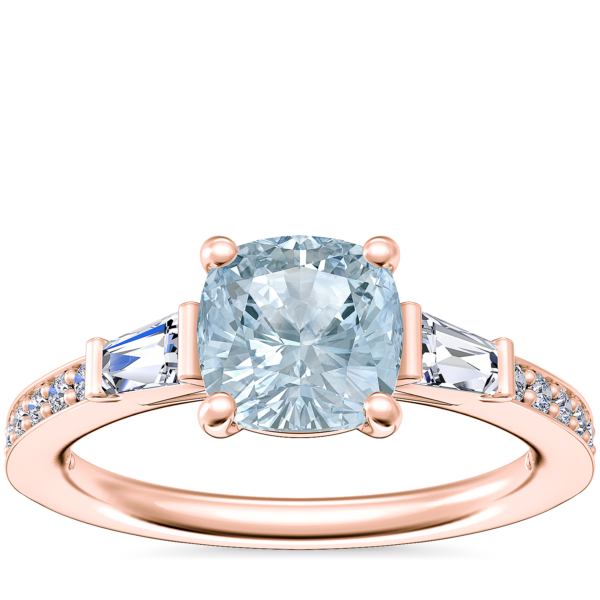 Tapered Baguette Diamond Cathedral Engagement Ring with Cushion Aquamarine in 14k Rose Gold (6.5mm)