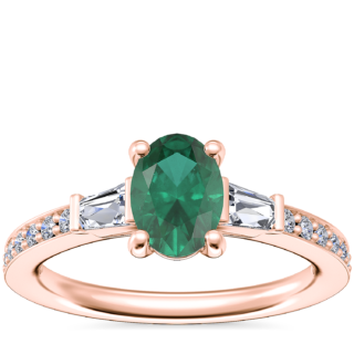 Tapered Baguette Diamond Cathedral Engagement Ring with Oval Emerald in 14k Rose Gold (7x5mm)