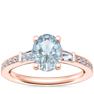 Tapered Baguette Diamond Cathedral Engagement Ring with Oval Aquamarine in 14k Rose Gold (8x6mm)