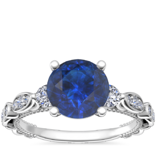 Floral Ellipse Diamond Cathedral Engagement Ring with Round Sapphire in 14k White Gold (8mm)