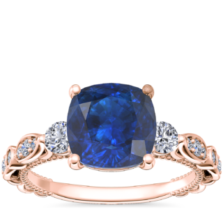 Floral Ellipse Diamond Cathedral Engagement Ring with Cushion Sapphire in 14k Rose Gold (8mm)