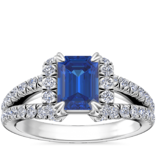 Split Semi Halo Diamond Engagement Ring with Emerald-Cut Sapphire in 14k White Gold (7x5mm)