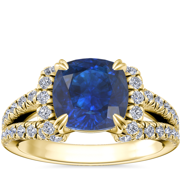 Split Semi Halo Diamond Engagement Ring with Cushion Sapphire in 14k Yellow Gold (8mm)