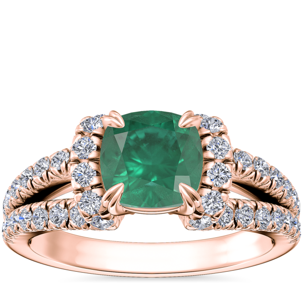 Split Semi Halo Diamond Engagement Ring with Cushion Emerald in 14k Rose Gold (6.5mm)