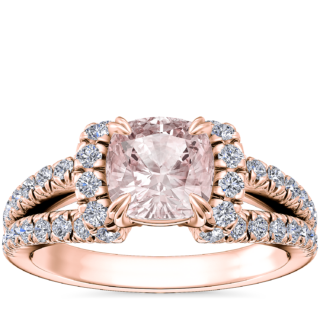 Split Semi Halo Diamond Engagement Ring with Cushion Morganite in 14k Rose Gold (6.5mm)