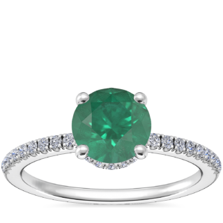 Petite Micropave Hidden Halo Engagement Ring with Round Emerald in 14k White Gold (6.5mm)