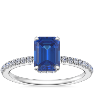 Petite Micropave Hidden Halo Engagement Ring with Emerald-Cut Sapphire in 14k White Gold (7x5mm)