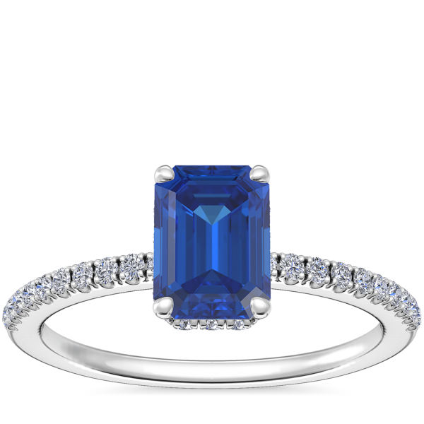 Petite Micropave Hidden Halo Engagement Ring with Emerald-Cut Sapphire in 14k White Gold (7x5mm)
