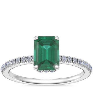 Petite Micropave Hidden Halo Engagement Ring with Emerald-Cut Emerald in 14k White Gold (7x5mm)