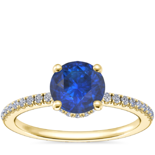 Petite Micropave Hidden Halo Engagement Ring with Round Sapphire in 14k Yellow Gold (6mm)