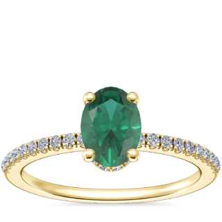 Petite Micropave Hidden Halo Engagement Ring with Oval Emerald in 14k Yellow Gold (7x5mm)