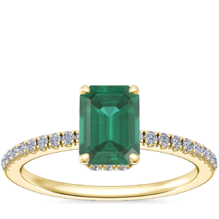 Petite Micropave Hidden Halo Engagement Ring with Emerald-Cut Emerald in 14k Yellow Gold (7x5mm)
