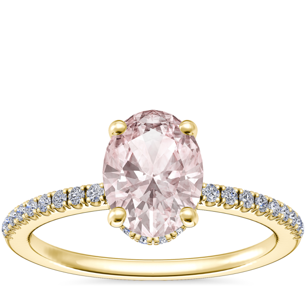 Petite Micropave Hidden Halo Engagement Ring with Oval Morganite in 14k Yellow Gold (8x6mm)