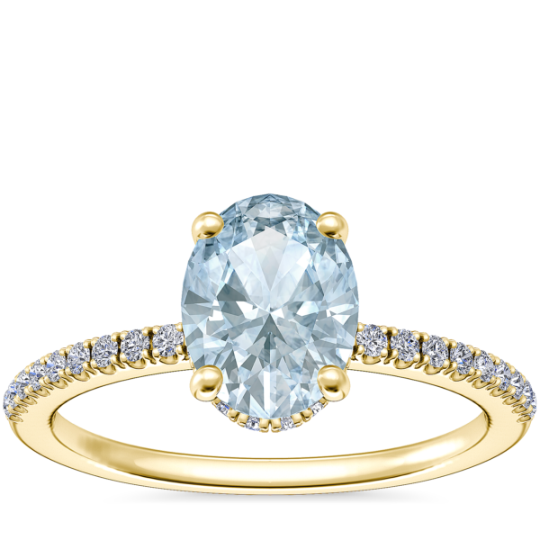 Petite Micropave Hidden Halo Engagement Ring with Oval Aquamarine in 14k Yellow Gold (8x6mm)