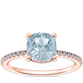 Petite Micropave Hidden Halo Engagement Ring with Cushion Aquamarine in 14k Rose Gold (6.5mm)