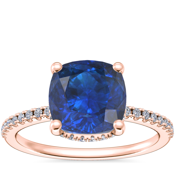 Petite Micropave Hidden Halo Engagement Ring with Cushion Sapphire in 14k Rose Gold (8mm)