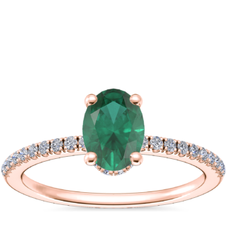 Petite Micropave Hidden Halo Engagement Ring with Oval Emerald in 14k Rose Gold (7x5mm)