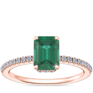 Petite Micropave Hidden Halo Engagement Ring with Emerald-Cut Emerald in 14k Rose Gold (7x5mm)