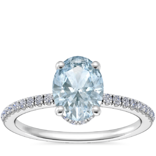 Petite Micropave Hidden Halo Engagement Ring with Oval Aquamarine in Platinum (8x6mm)