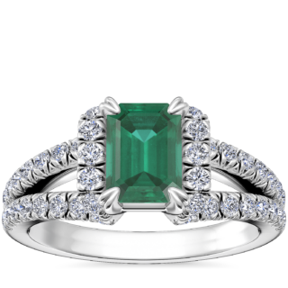 Split Semi Halo Diamond Engagement Ring with Emerald-Cut Emerald in Platinum (7x5mm)