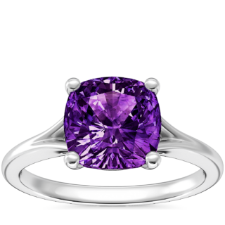 Petite Split Shank Solitaire Engagement Ring with Cushion Amethyst in 14k White Gold (8mm)