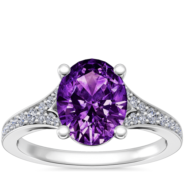 Petite Split Shank Pave Cathedral Engagement Ring with Oval Amethyst in Platinum (9x7mm)
